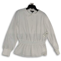 NWT Womens White Tie Neck Long Sleeve Smocked Peplum Blouse Top Size L