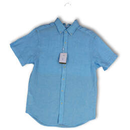NWT Mens Blue Linen Short Sleeve Collared Button-Up Shirt Size Small