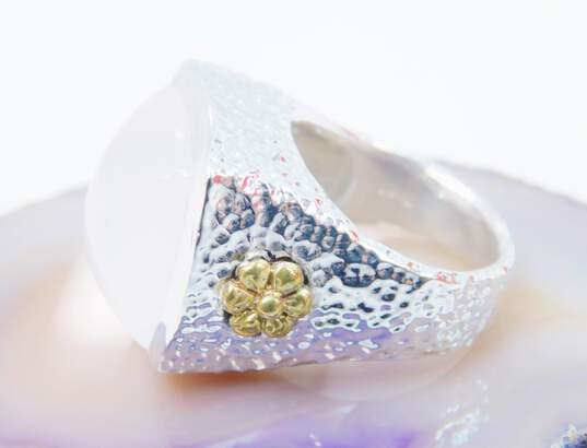 Contemporary 925 & Vermeil Accent White Chalcedony Square Cabochon Flowers Textured Chunky Ring 16.2g image number 2