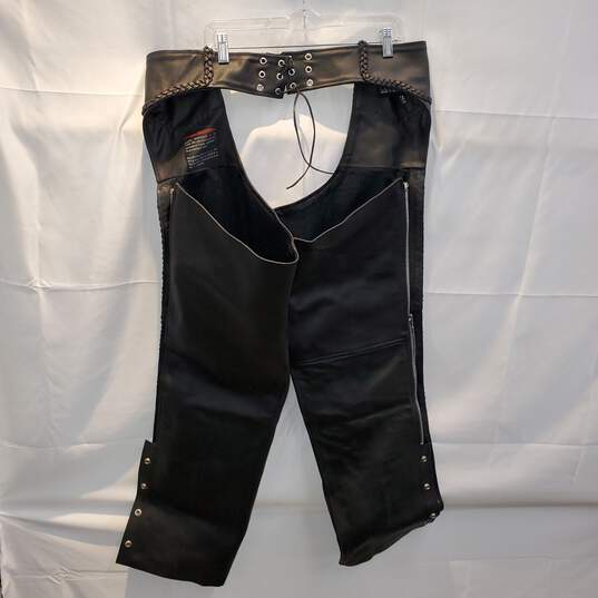 Himalaya Motor Bike Wear Black Leather Zip Leg Riding Chaps Size XL image number 2
