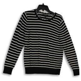Womens Black White Striped Tight-Knit Crew Neck Pullover Sweater Size M