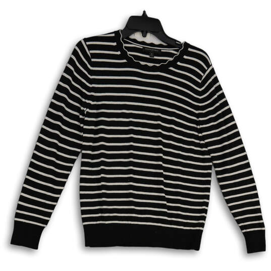 Womens Black White Striped Tight-Knit Crew Neck Pullover Sweater Size M image number 1