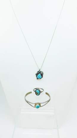Southwestern 925 Tooled Turquoise Pendant Necklace, Cuff Bracelet & Ring 10.4g