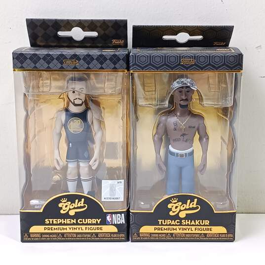 Bundle of 2 Funko Gold Vinyl Figurines IOB (STEPHEN CURRY And TUPAC SHAKUR) image number 1