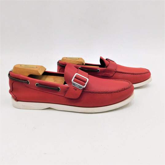 Ferragamo World Men's Red Leather Logo Buckle White Rubber Sole Boat Shoes / Loafers Size 11 with COA image number 3