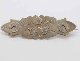 Antique Birmingham 925 Flower Leaves & Horseshoes Overlay Etched Bar Brooch