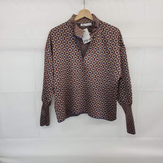 Zara Brown & Blue Geometric Patterned Front Key Whole Knit Top WM Size S NWT image number 1