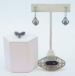 Romantic 925 Sterling Silver Onyx & Marcasite Drop Earrings Brooch & Ring 13.0g