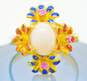 18K Gold Pink Spinel Accents Cabochon Blue & Red Enamel Flowers Statement Ring For Repair 5.0g image number 2