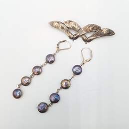 Sterling Silver F.W Pearl Dangle Earrings Birds In Flight Brooch Bundle 2pcs 13.5g