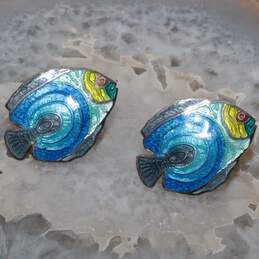 980 Silver Cloisonné Fish Stud Earrings - 8.4g