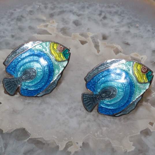 980 Silver Cloisonné Fish Stud Earrings - 8.4g image number 1