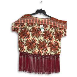 NWT Womens Red Paisley Fringe Boat Neck Short Sleeve Cropped Blouse Top Size L
