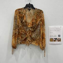 Womens Brown Cheetah Print Long Sleeve Ruffle Scoop Neck Blouse Top Sz 40 W/COA