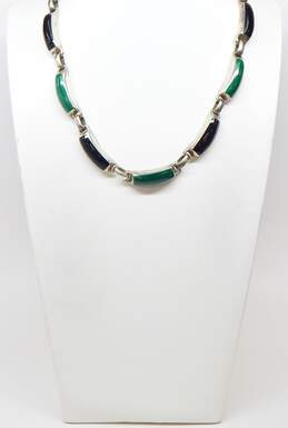Taxco Mexico 950 Silver Modernist Faux Malachite & Onyx Chunky Curved Bar Linked Collar Necklace 85.9g