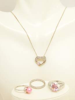 Contemporary 925 Pink & Clear Cubic Zirconia & Pearl Heart Jewelry