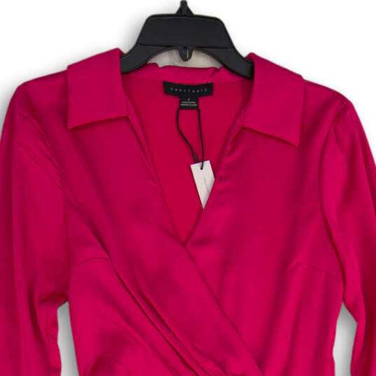 NWT Womens Hot Pink Satin Collared Cuff Detail Long Sleeve Wrap Dress Sz 2 image number 3