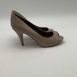 Womens Beige Patent Leather Open-Toe Slip-On Stiletto Heels Size 9.5