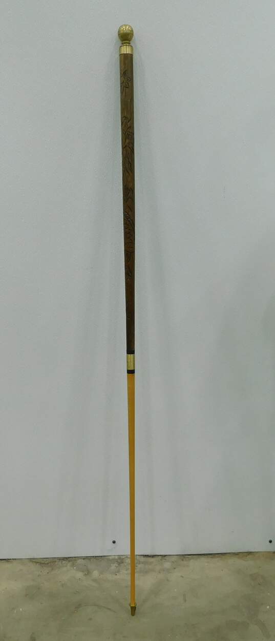 Vintage Brass Knob Carved Wood Walking Stick Cane Concealed Pool Cue image number 2