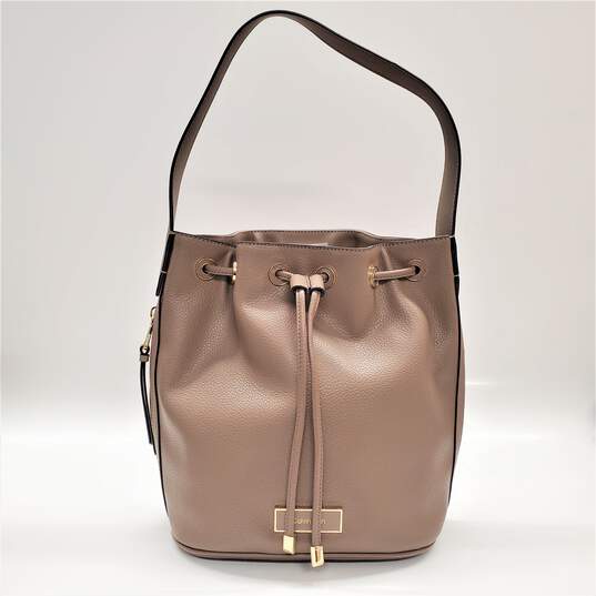 Buy the Calvin Klein Leah Drawstring Bucket Shoulder Bag Dark