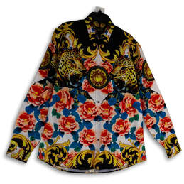 Mens Gold Black Floral Long Sleeve Collared Button-Up Shirt Size Large