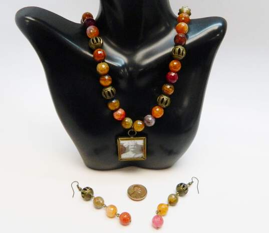 Artisan Bronze & Agate Beaded Photo Frame Necklace & Dangle Earrings 88.6g image number 4