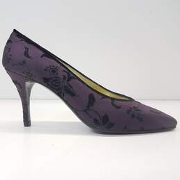 Rene Mancini Purple Black Satin Velvet Floral Heels Womens 7.5