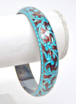 Artisan 925 Blue & Burgundy Enamel Floral Filigree Rounded Bangle Bracelet