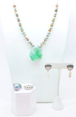 Artisan 925 Moss Agate Pendant Crystal & Pearls Beaded Necklace Hammered Drop Earrings & Mabe Pearl & Ridged Dome Rings 51g