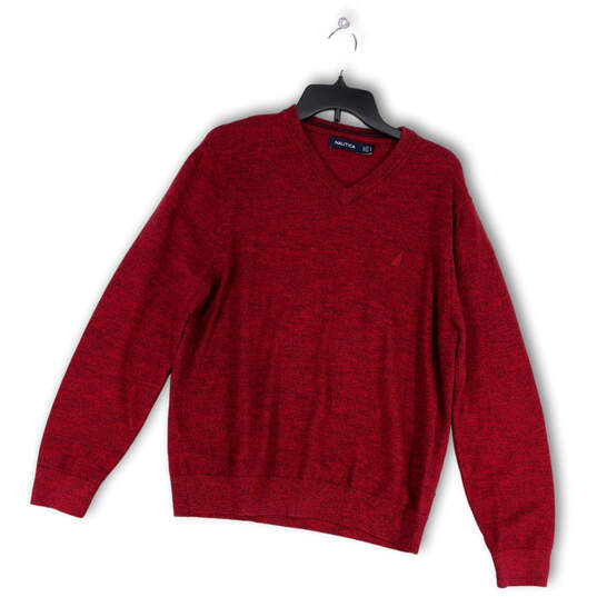 Mens Red Knitted V-Neck Long Sleeve Stretch Pullover Sweater Size Large image number 1