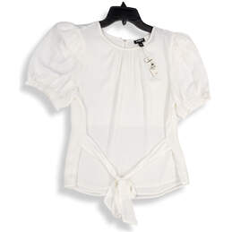 NWT Womens White Puff Sleeve Tie Waist Back Keyhole Blouse Top Size Medium