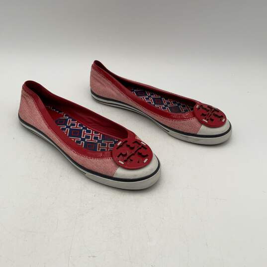 Tory Burch Womens Red White Leather Round Toe Slip On Ballet Flats image number 2