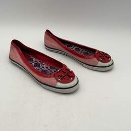 Tory Burch Womens Red White Leather Round Toe Slip On Ballet Flats alternative image