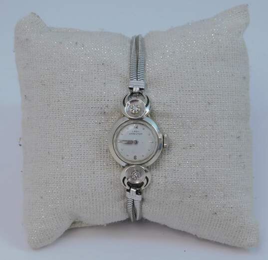 Ladies Vintage Hamilton 14K White Gold 0.04 CTTW Diamond Case Gold Filled Band 22 Jewels Wrist Watch 14.4g image number 2