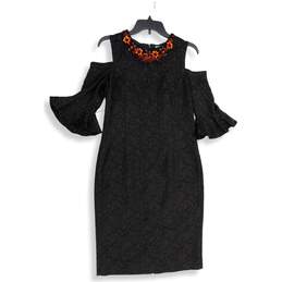 Rickie Freeman Teri Jon Womens Black Red Paisley Embellished Sheath Dress Size 8