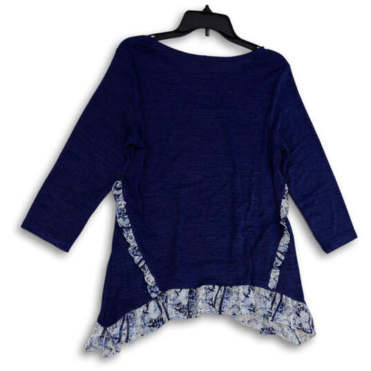 Womens Blue Heather Long Sleeve Crew Neck Ruffle Pullover Blouse Top Size M image number 2