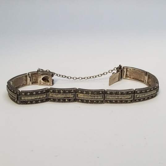 FAS Sterling Silver Marcasite Panel Link 7inch Bracelet W/Safety Chain 21.9g image number 3