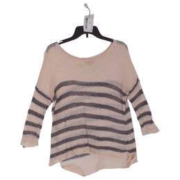 Womens White Striped Round Neck long sleeve Pull Over sweater Size Small
