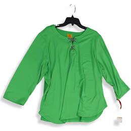 NWT Womens Green 3/4 Casual Sleeve Tie Neck Pullover Blouse Top Size 2X