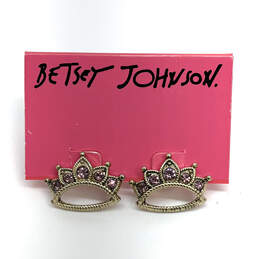 Designer Betsey Johnson Gold-Tone Purple Rhinestone Crown Stud Earrings