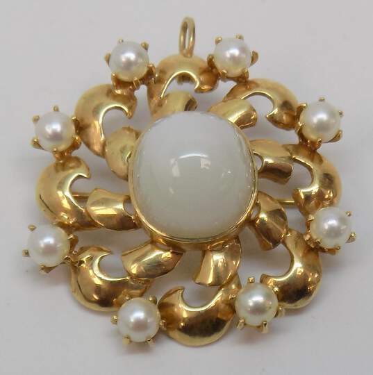 Vintage 14K Gold White Cats Eye Cabochon & Pearls Scalloped Circle Pendant Brooch 12.8g image number 1