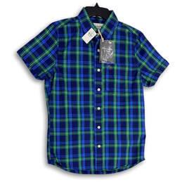 NWT Mens Green Blue Plaid Collared Short Sleeve Button-Up Shirt Size S