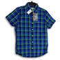 NWT Mens Green Blue Plaid Collared Short Sleeve Button-Up Shirt Size S image number 1
