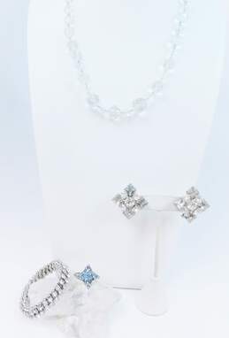 Vintage Clear & Blue Icy Rhinestone Clip-On Earrings Necklace Stretch Bracelet & Ring 84.1g
