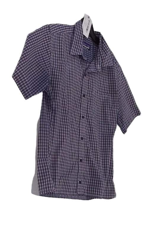 Mens Blue Checkered Short Sleeve Collared Button Up Shirt Size Small image number 3
