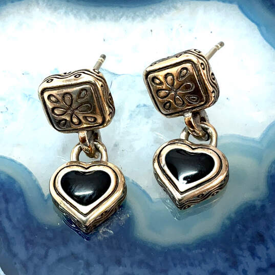 Designer Brighton Silver-Tone Black Crystal Stone Heart Shape Drop Earrings image number 1