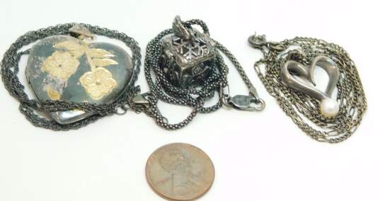 Romantic Oxidized 925 Sterling Silver Heart Locket & Prayer Box Pendant Necklaces 29.1g image number 7