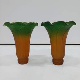 2 Lily Tulip Amber Green Glass Lamp Shade alternative image