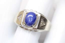 10K White Gold Blue Star Sapphire Diamond Accent Ring, Size 8.75 - 5.2g