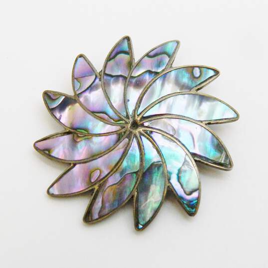 Vintage Taxco Mexico 925 Purple & Blue Abalone Shell Inlay Flower Circle Pendant Brooch 5.5g image number 2